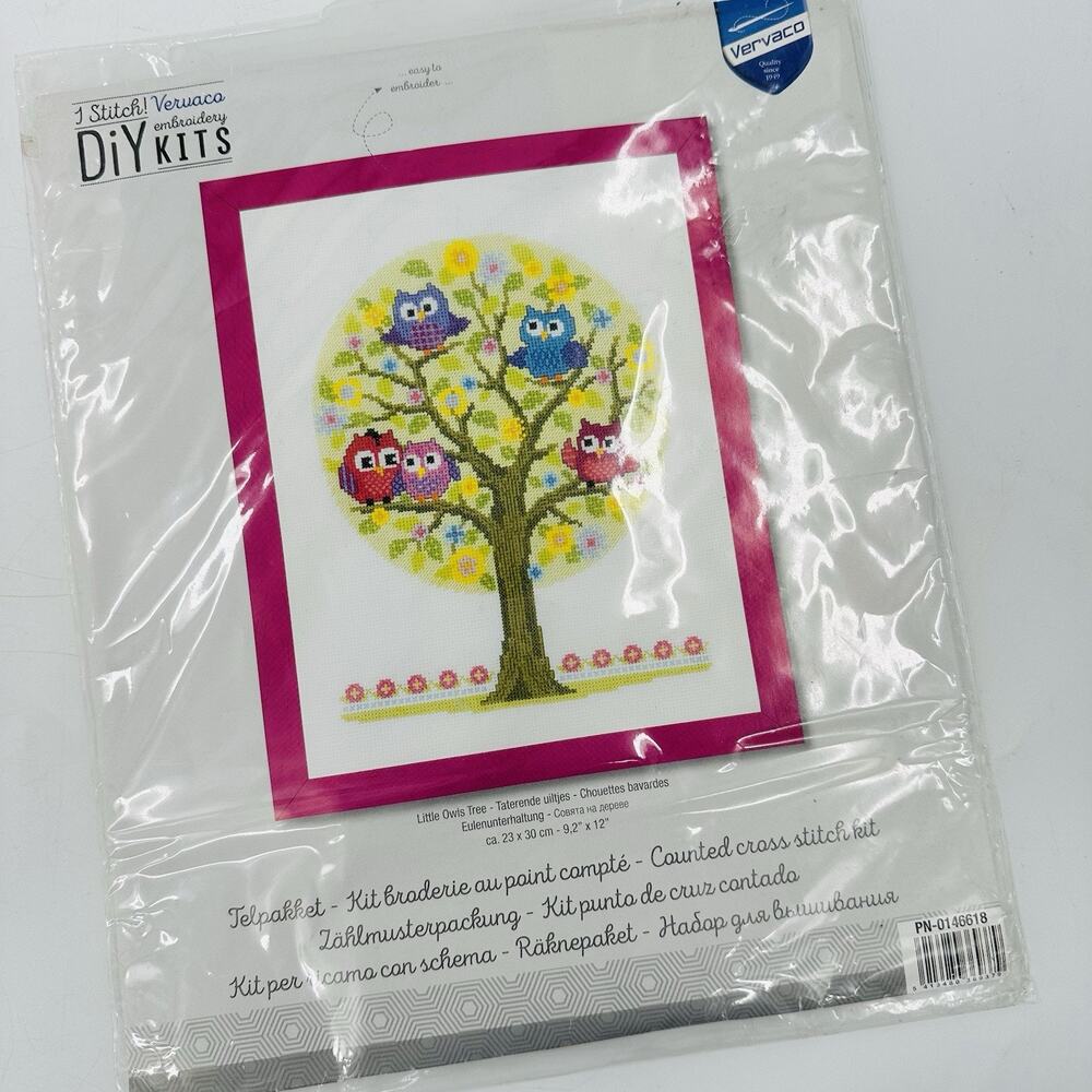 VERVACO Counted Cross Stitch DIY Kit LITTLE OWLS TREE 14 White fabric 9" x 12"